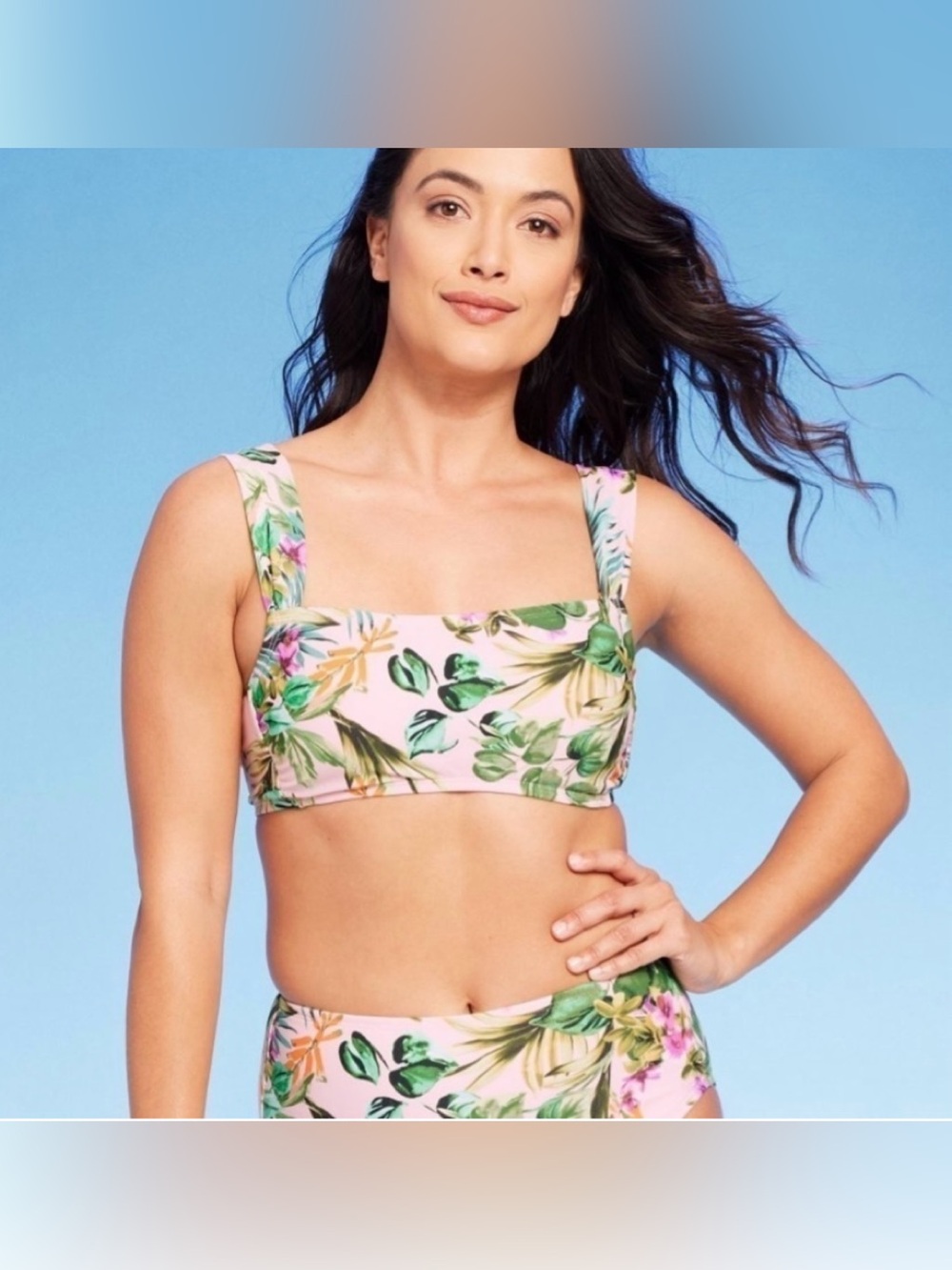 Kona Sol Women's Size Small Pink Floral Botanical Bikini Swim Suit Square Neck